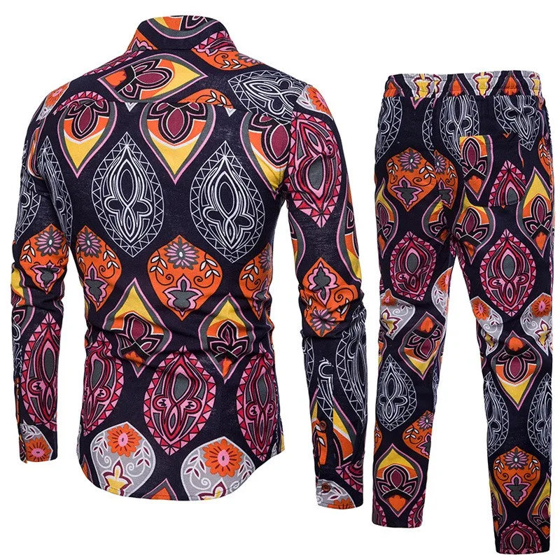 Мода народная Цветочный Толстовка с принтом Для мужчин Повседневное костюм из двух предметов рубашки тренировочные брюки с завязками плюс