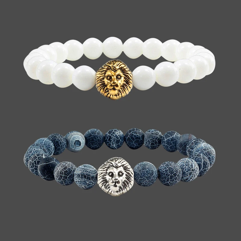 

New Gold/Silver Lion Head Bracelet Lover White Porcelain Lava Stone Black Weathered Beaded Bracelets Men jewelry Prices in euros