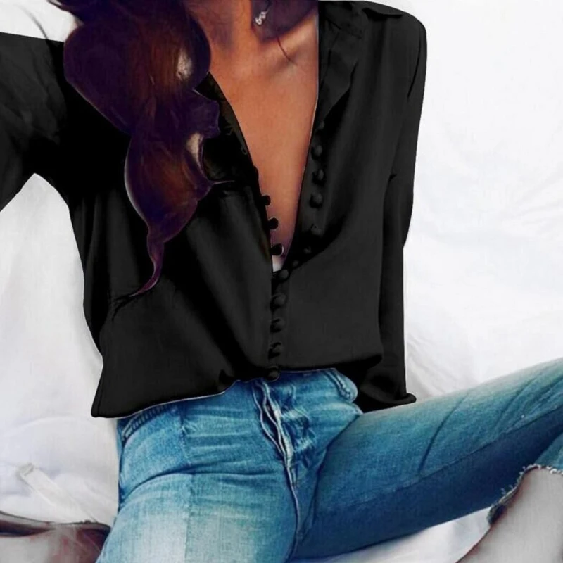 Женская рубашка, сексуальная, осень, пуговицы, v-образный вырез, отложной воротник, длинный рукав, блузка размера плюс, 5XL, белая, для девушек, минималистичный, офисный Топ - Цвет: Black