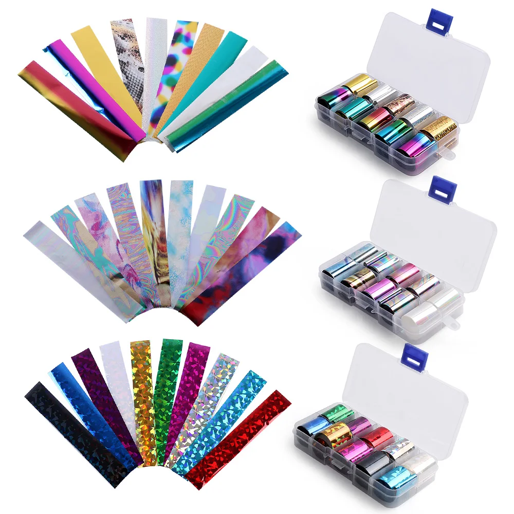 

10 Pcs/1 Box Fashion Holographic Nail Foil Set 2.5*100cm Transparent AB Color Diamond Transfer Sticker Manicure Nail Art Decals