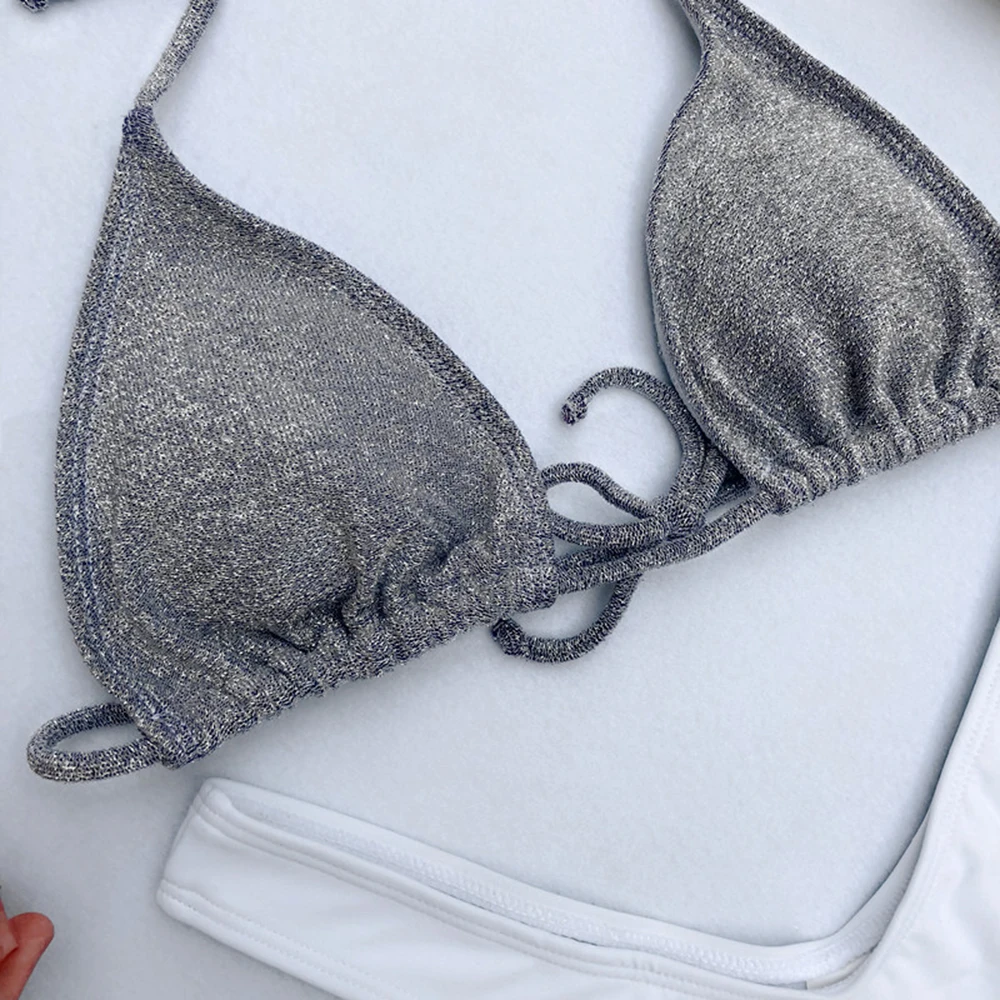 Sexy Shiny Bikini Set Bling Swimsuit White Bikinis Women Bandeau