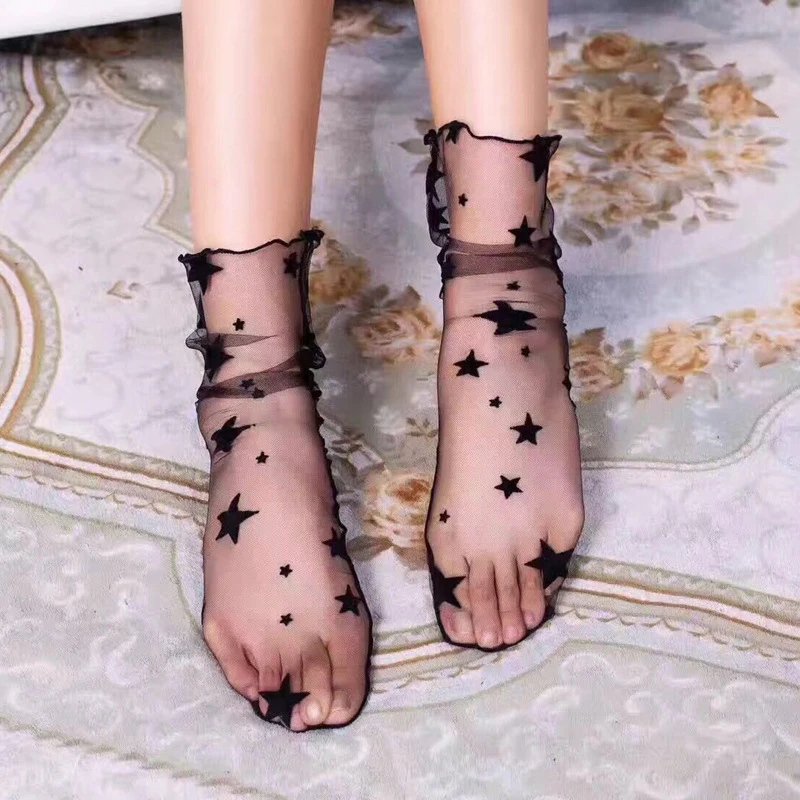 over the knee socks Summer Sexy Woman Socks with Print Dot Women's Short Socks Mesh Fishnet Ruffle Lace Silk Transparent Women's Nylon Socks compression socks for women