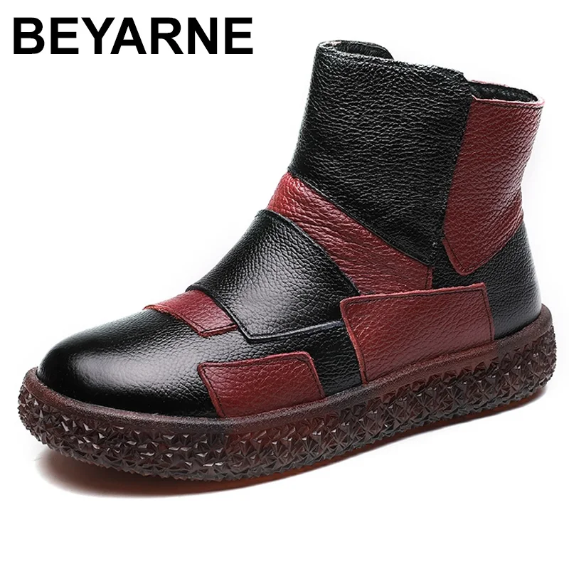 Tanie BEYARNE 2019 damskie buty z futerkiem zimowe skórzane buty ręcznie płaskie buty Mulitcolor buty z prawdziwej skóry dla kobiet263