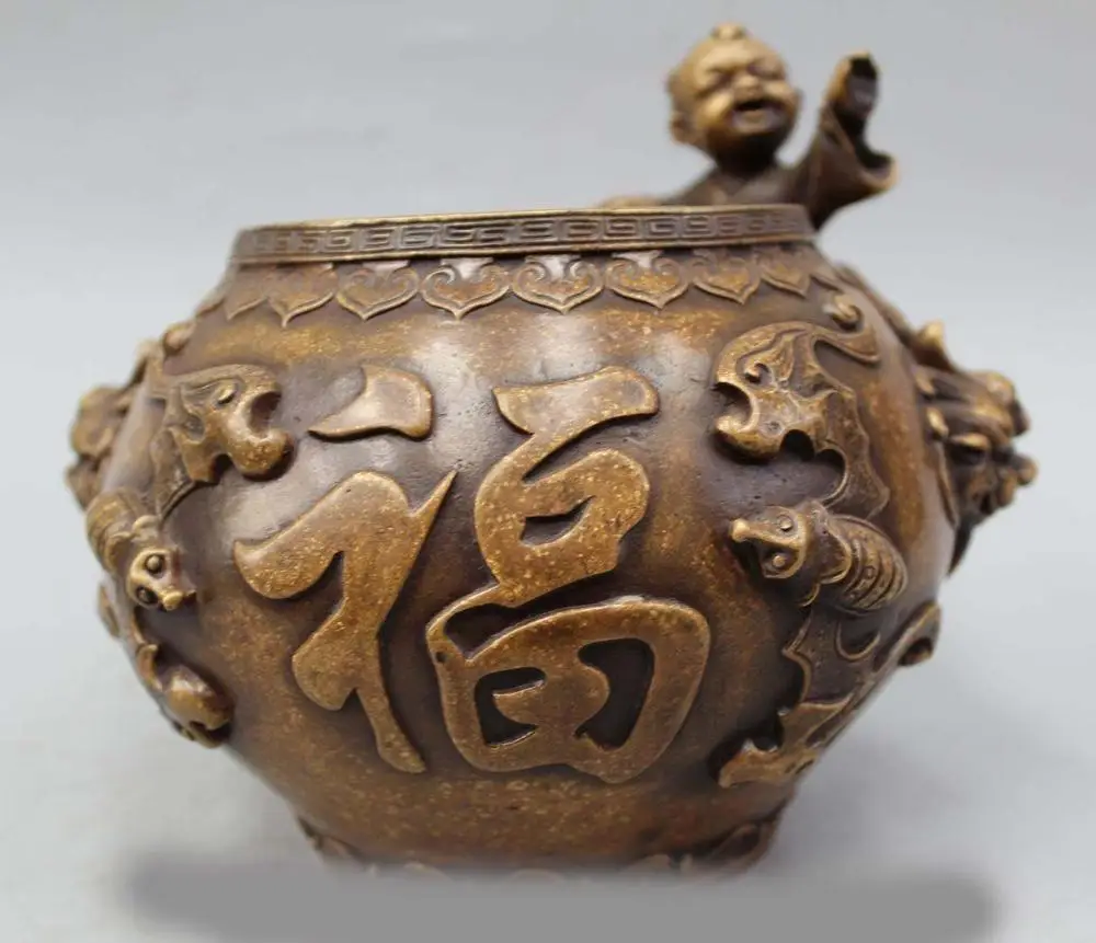

6" Chinese Dynasty Palace Bronze Fu Boy Lion bat Brush Pot pencil vase Censer