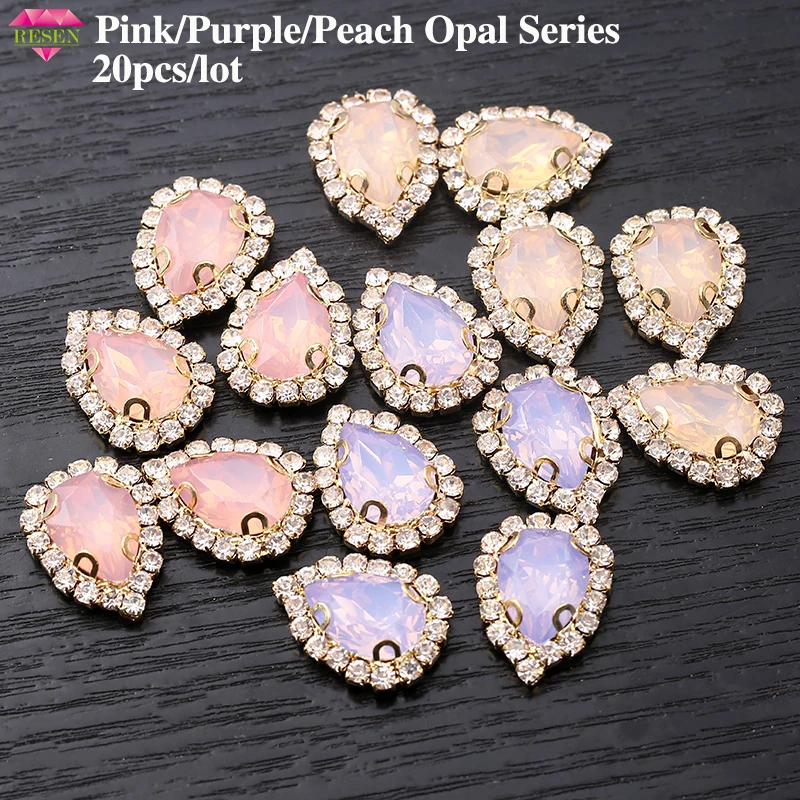 

RESEN 10x14mm Mix Color Pink/Purple/Peach Opal PlasticTeardrop Sew On Rhinestones Flatback Sewing Resin Stones Gold Base 20pcs