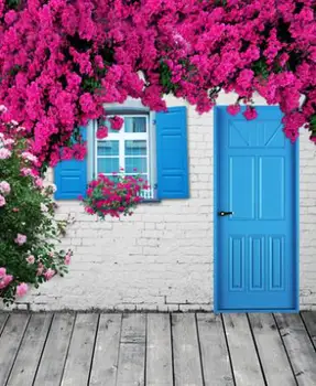 

LIFE MAGIC BOX 150X200Cm Vinyl Backdrops For Photography Blue Door Blue Window Pink Flowers Photo Background Cm-5525