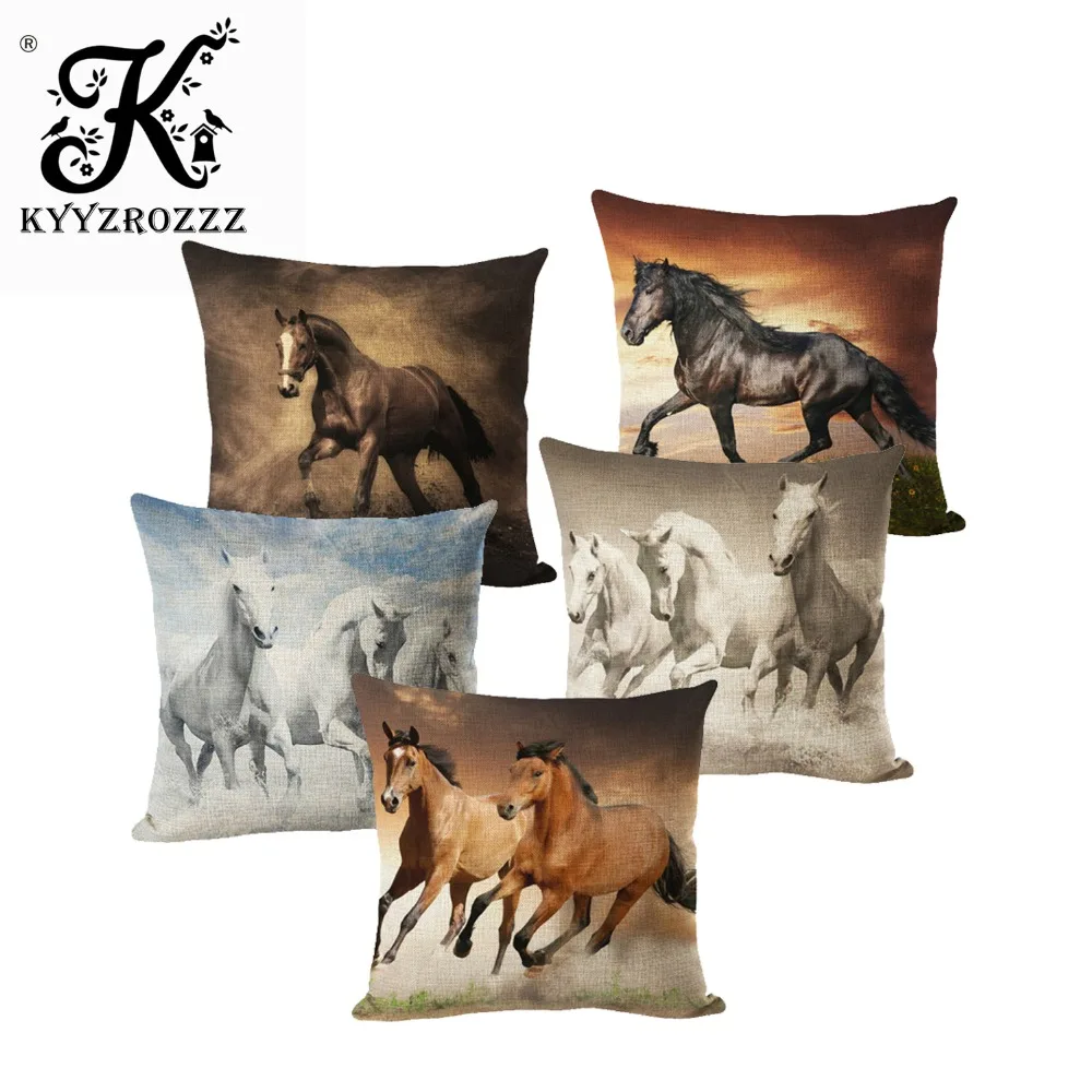 

45X45CM Horse Pillow Case Sofa Cushion Pillow Cover Realistic oil painting Cushion Cover Bedding Pillows Cotton Linen Square