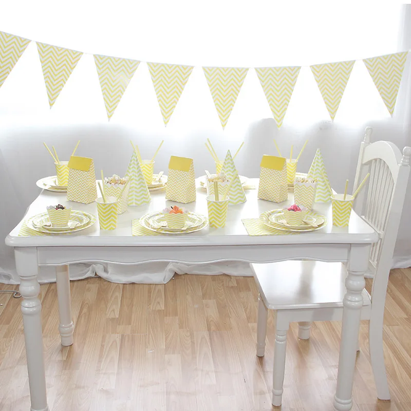 

Yellow Stripe Tableware Sets Paper Plates Cutlery Tray Cake Cup Napkin Banner Straw Baby Shower Birthday Party Decor Supplies