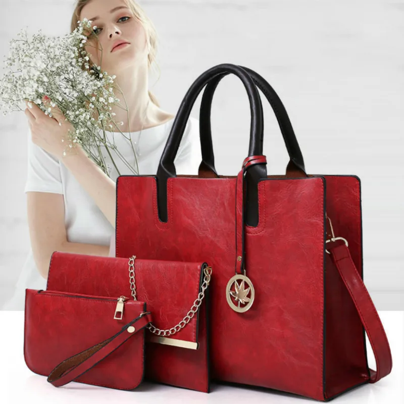 

New Women Bags Set 3 Pcs PU Leather Fashion Handbags Female Large Tote Bags Ladies Shoulder Bag+Messenger Bag+Purse Sac a Main