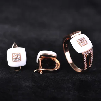 

Madrry Brand Jewelry Sets Earrings&Rings Cubic Zircon Ceramic Square Ohrringe Rose Gold color Rhinestones Aros Hochzeit Schmuck
