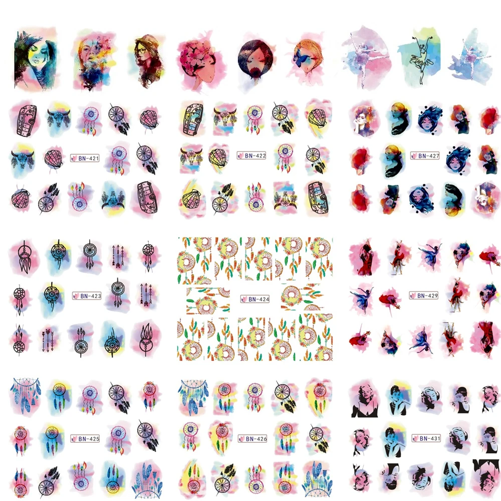 

1pc Watercolor Gradient Sticker Nail Art Water Transfer Decals DIY Decor Dream Catcher/Girl/Car Manicure Slider Tool TRBN421-432