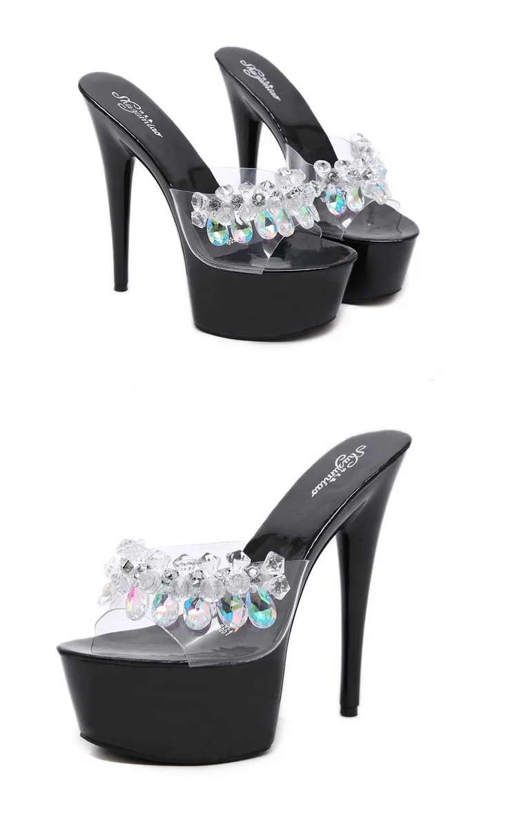 Womens 15 Cm Super High Heel Stiletto Sexy Transparent Glass Slipper Wedding Shoes Platforms Flowers Sandals8