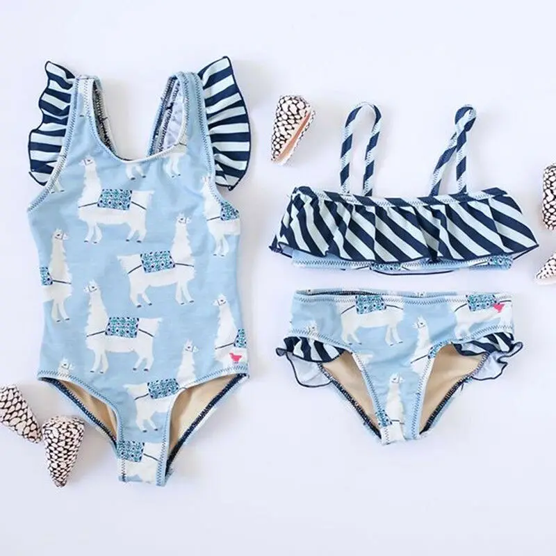 

New Family Bikini Baby Girls Kids Cartoon Animal Printed Tankini Little&Big Sister Stripe Bikini Set One Piece Swimwear Swimsuit