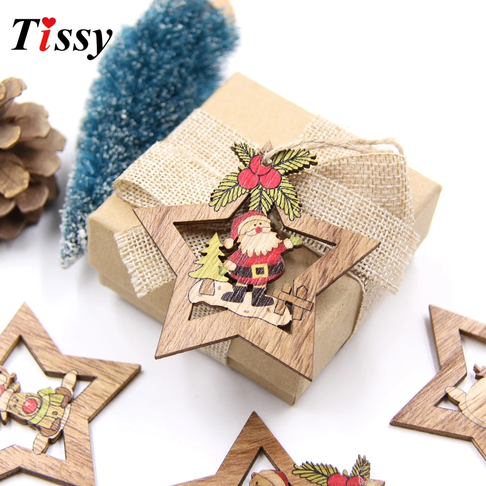 4PCS Star Printed Wooden Pendants Ornaments Xmas Tree Ornament DIY Wood Crafts Kids Gift for Home Christmas Party Decorations