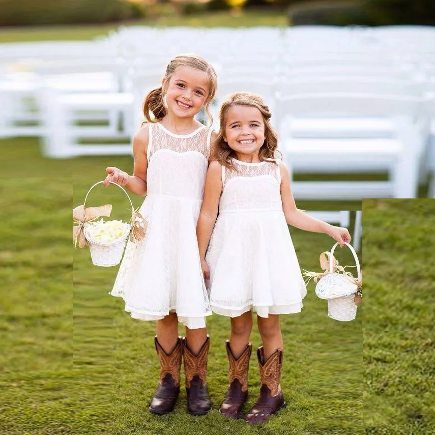 2016 White Flower Girl Dresses For Wedding Knee Length Sheer Neck Lace Pageant A Line Princess Party Girls | Свадьбы и торжества