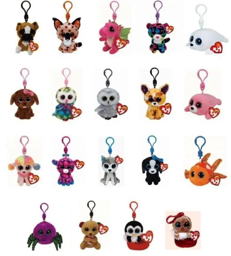

100pcs/lot 3" Ty Beanie Baby 10cm Sophie Cat Unicorn Bear Owl Fish Tiger Keychain Clip Cinder Pendant Plush Toys Christmas Gifts