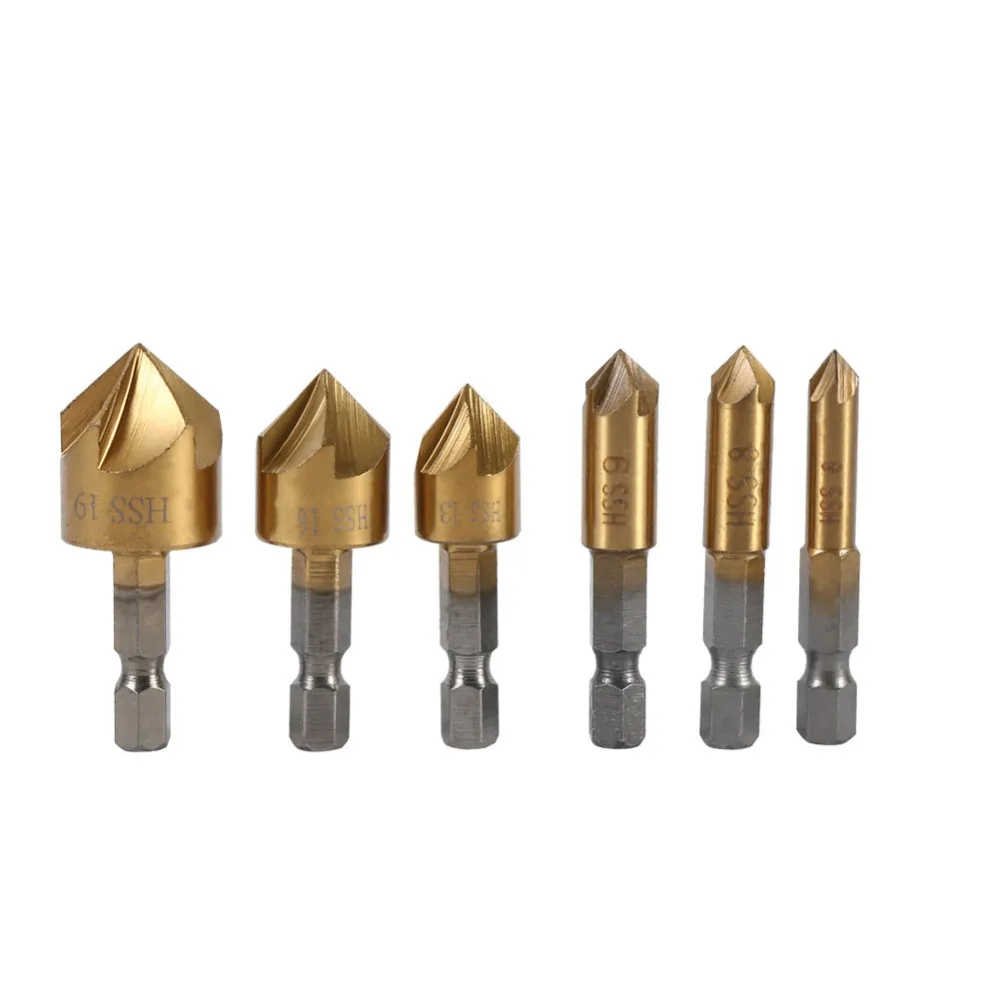 

6pcs HSS Chamfer Countersink 1/4" Hex Shank 90 Degree Wood Chamfering Cutter 6mm-19mm