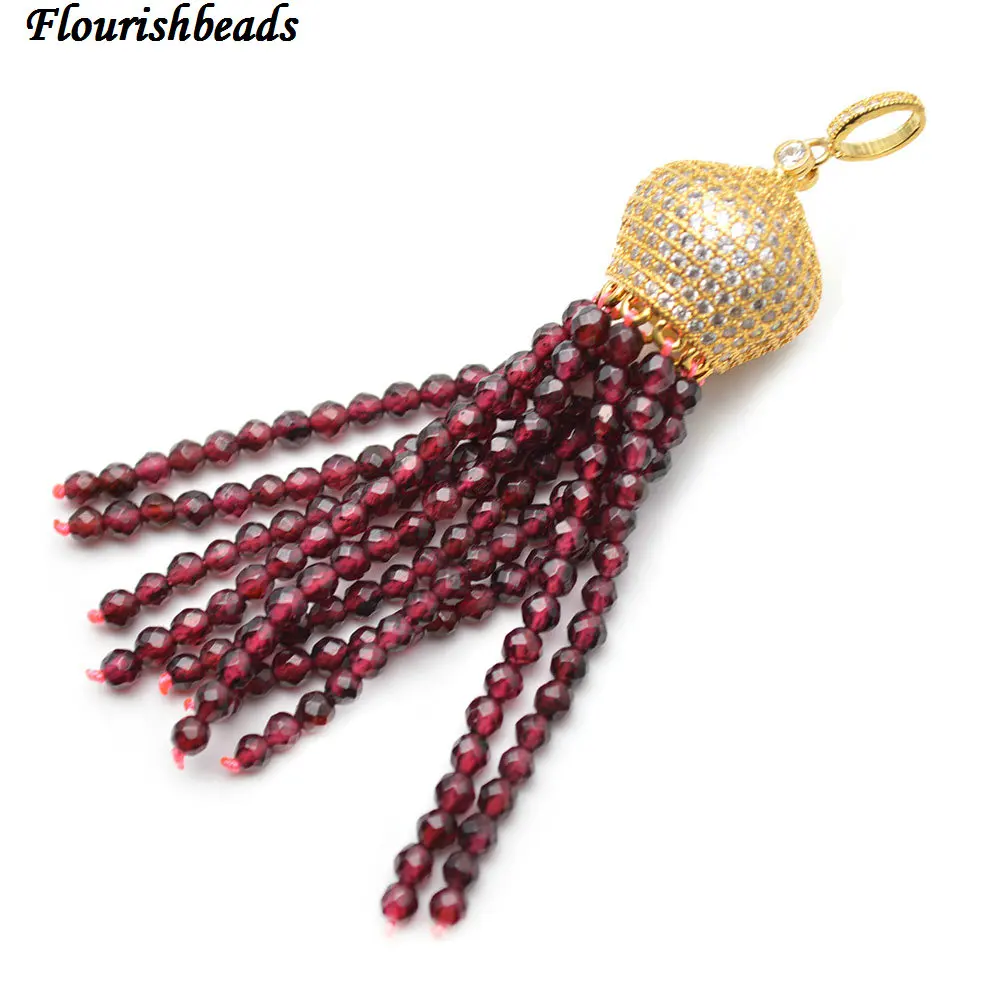 Natural Faceted 3mm Garnet / Rose Quartz / White Howlite Turquoise Round Seed Beads Tassel Pendants Paved CZ Metal Crown Cap