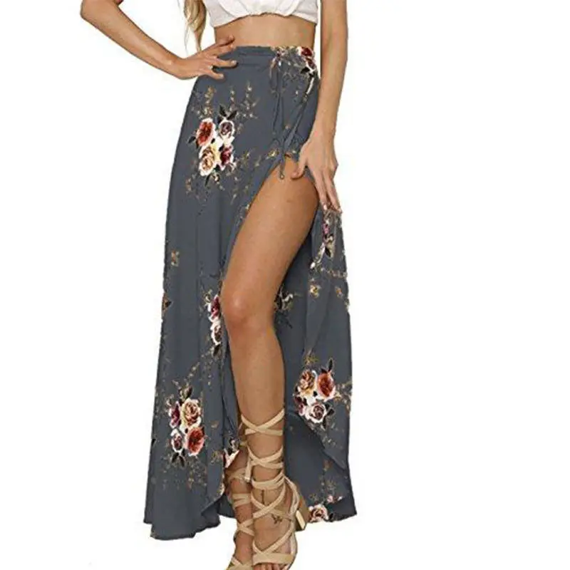 HIRIGIN Floral print long skirt women Casual boho beach summer maxi skirt female Button split streetwear tassel sexy skirts