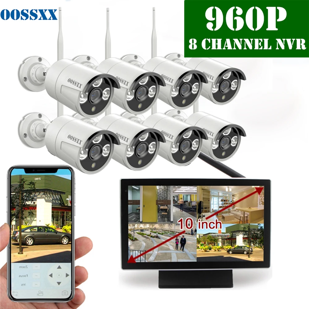 OOSSXX 8CH 1080P Беспроводной NVR комплект 10' монитор беспроводной CCTV 8 шт. 960P Крытый Открытый IP камера система видеонаблюдения