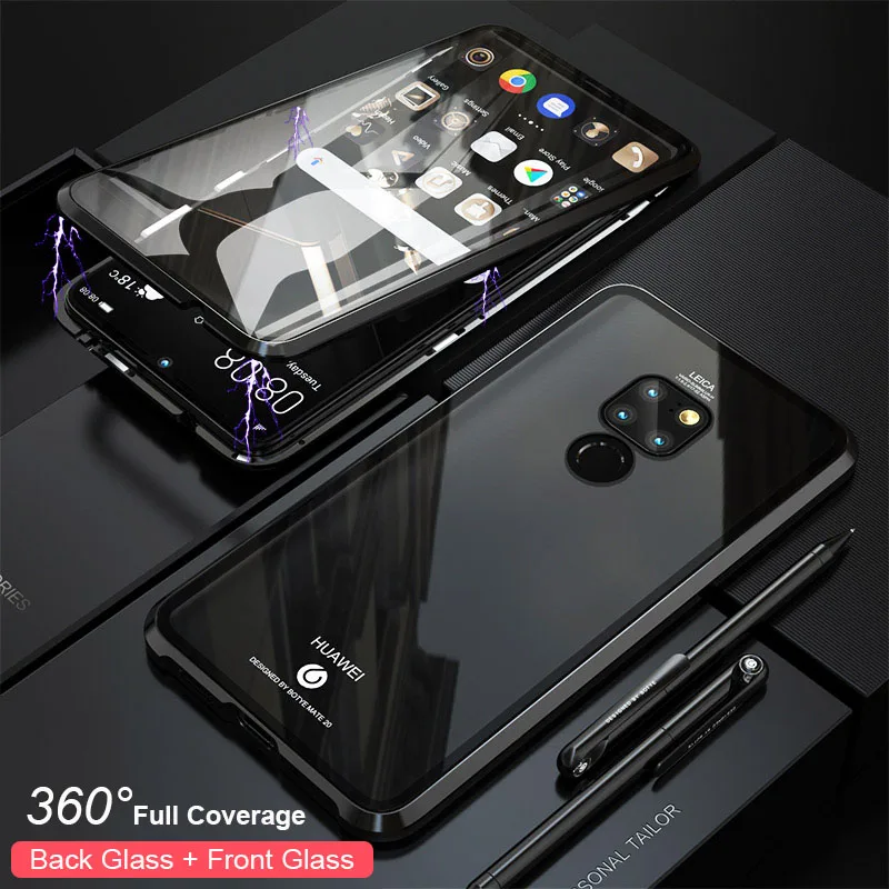 360 полная защита ударопрочный чехол для huawei mate 20 Pro Чехлы Роскошные Металлические бамберные двухсторонние закаленное стекло чехол - Цвет: Full Black