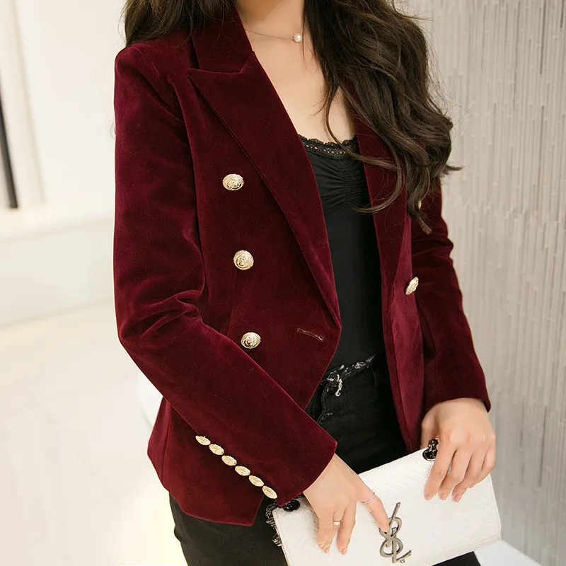 Brand New Fashion Spring Autumn Women Black Slim Velvet Blazer Jacket Wine Red Double Breasted Simple Lady Blazers OL Clothing