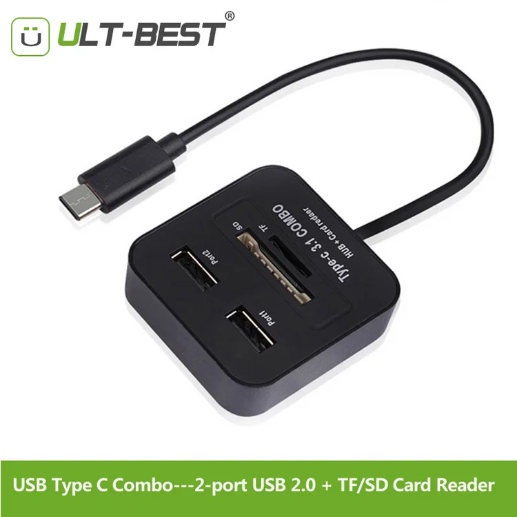 ULT Best Тип USB-C до 2 Порты USB2.0 концентратор с TF SD Card Reader Тип c cardreader комбо для нового MacBook Xiaomi 4C