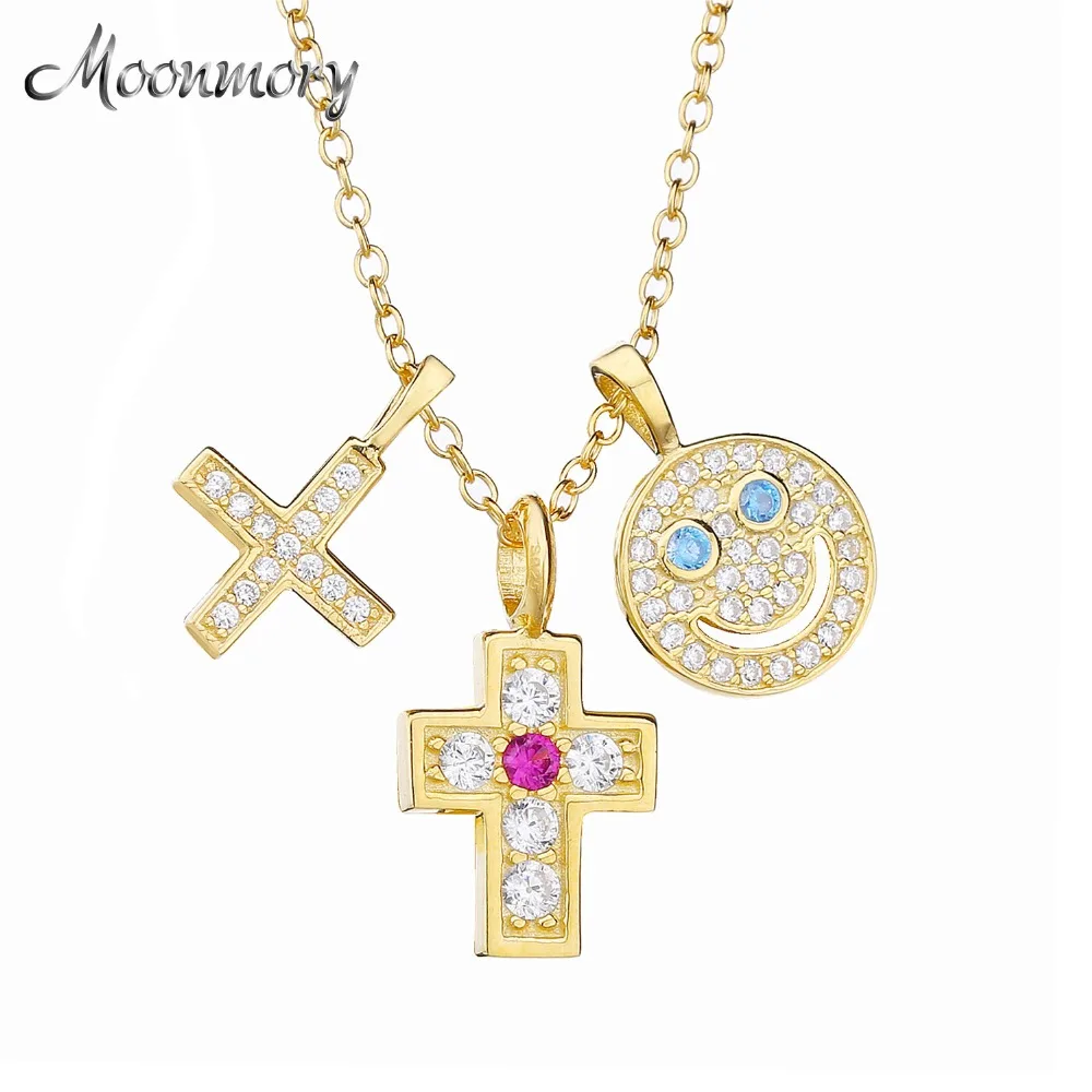 

Moonmory 100% Real Japan Men Long Chain Necklace Jewelry 925 Sterling Silver Double Cross Smile Pendant DIY Pendant Necklace