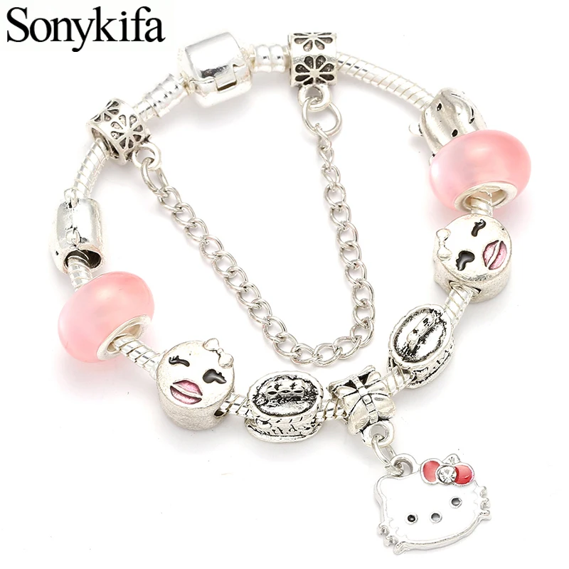 

Sonykifa Cartoon Kitty Pendant DIY Pandora Bracelet With Snake Chain Cake Beads Brand Bracelet for Kids Girls Birthday Gift