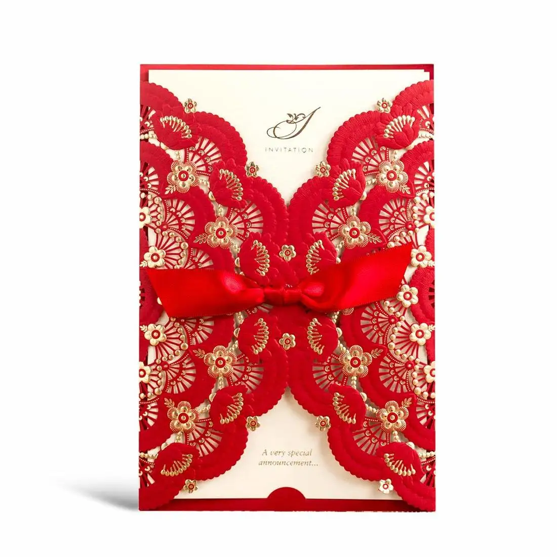 

1Pcs Chinese Red & Gold Foil Laser Cut Lace Wedding Invitations Card Lot, Blank Birthday Party Favors Customized with Envelopes