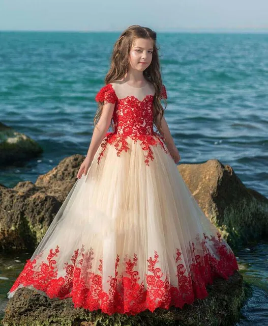 red lace appliques fairy dress floor length little girl