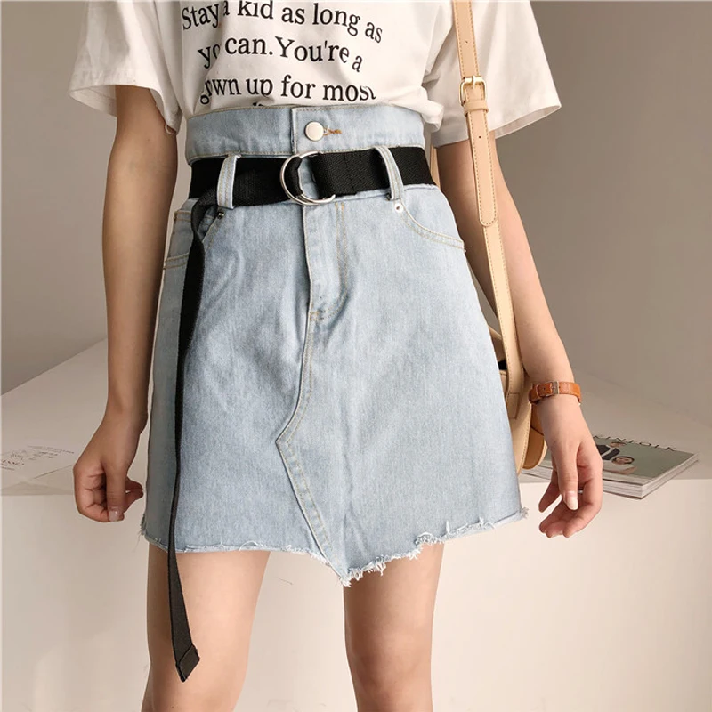 

2019 New Summer Empire Waist Women Jeans Skirts A-Line Casual All-Match Knee-Length Female With Pockets Jeans Skirts