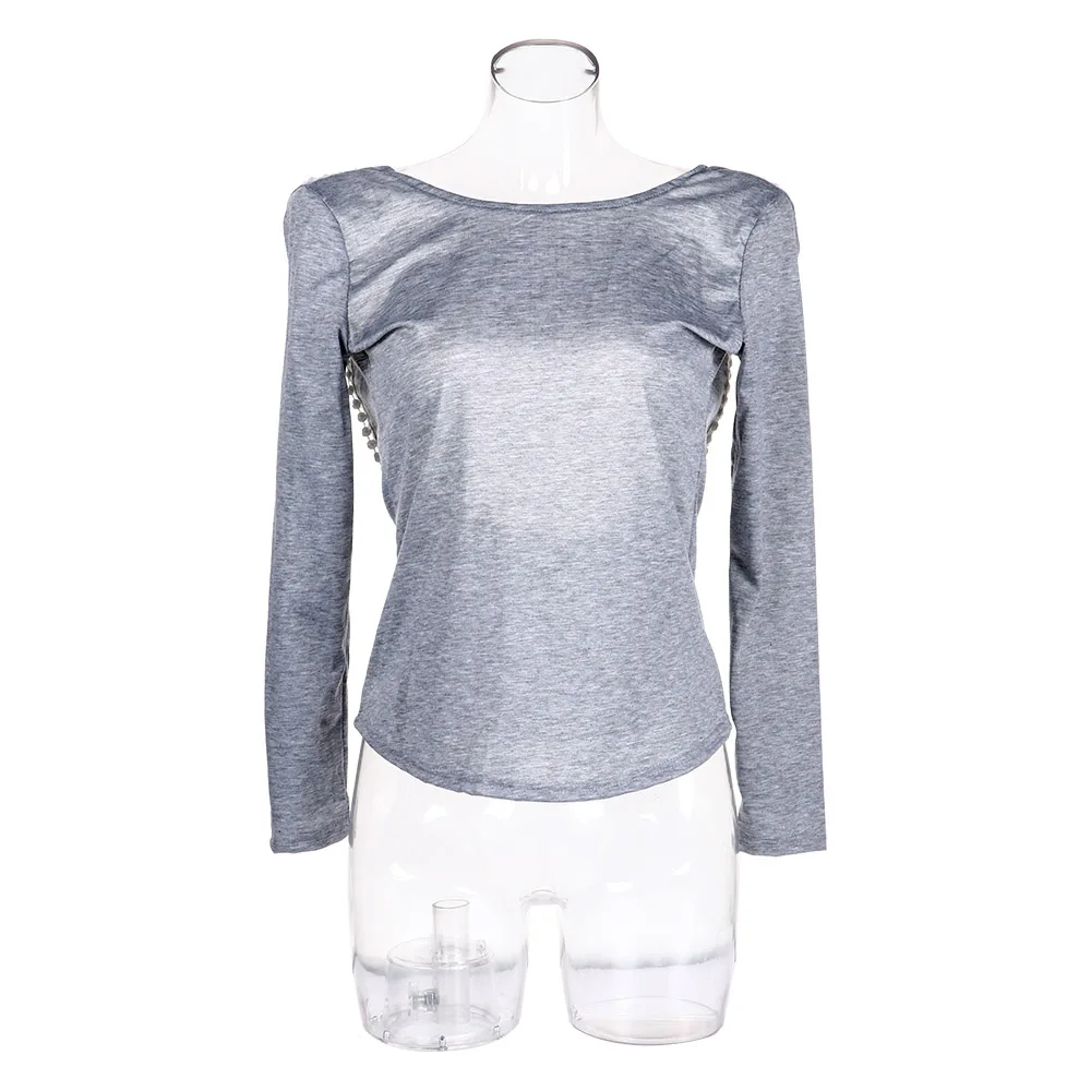 Coton Longues T Style Décontracté Noir Haut Shirt Ouvert Gris bf6gy7