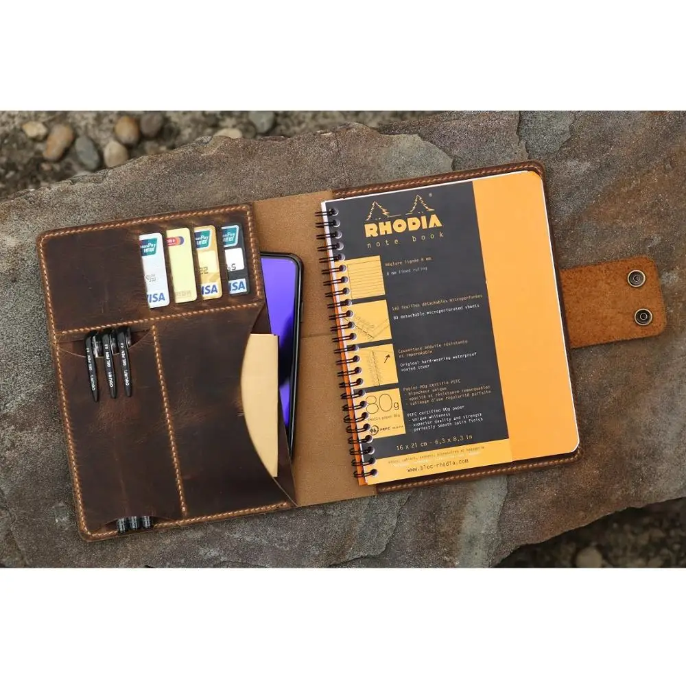 Персонализированный портфель из натуральной кожи для RHODIA wirebound meeting notebook A5+ Размер гравировка