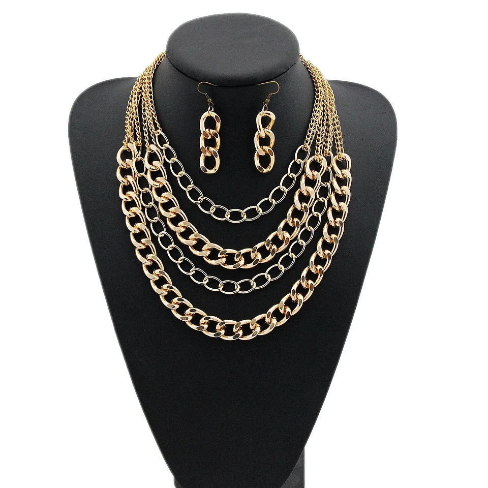 

CirGen,Multi layer Gold Color Aluminum Chains Choker Statement Fashion Women Necklace Earring Bijoux Jewelry Set Item Gift D61