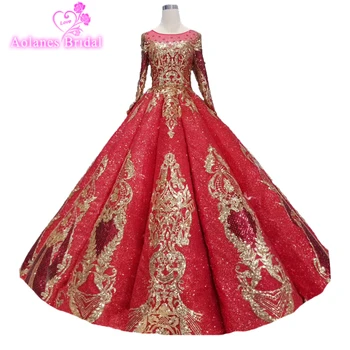 

Gold Lace Red Prom Dress 2019 Ball Gown Prom Dress Vestido Longo Vermelho Long Sleeves Big Fashion Evening Dresses Arabic Style