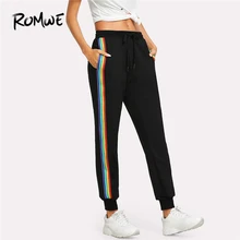 Romwe Sport Black Rainbow Striped Side Sweatpants Drawstring Waist Loose Crop Jogging Pants Women Exercise Running Trousers Romwe Sport Black Rainbow Striped Side Sweatpants Drawstring Waist Loose Crop Jogging Pants Women Exercise Running Trousers
