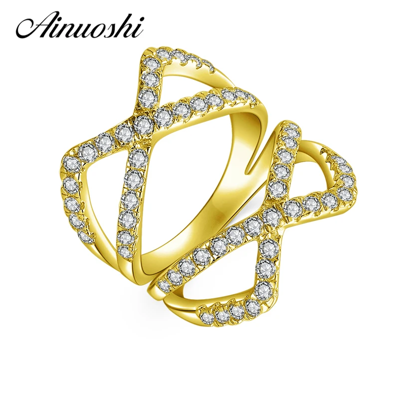 

AINUOSHI 10K Solid Yellow Gold Ring Double Cross Shape Fashion Lady Joyeria Fina Simulated Diamond Trendy 10k Fine Jewelry Rings