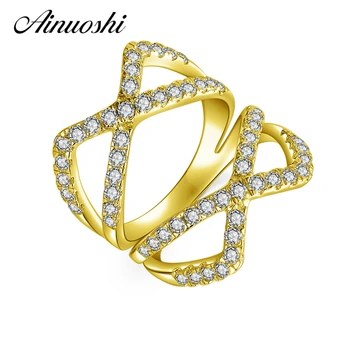

AINUOSHI Trendy 14K Double X Latter Hollow Ring 14K Solid Yellow Gold Multi-Layer SONA Diamond Engagement Wedding Ring for Women
