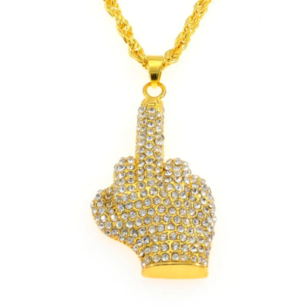 Хип-хоп льдом Большие Подвески в форме рук ожерелье полный Rhinstone Кристалл Циркон рэпер средний палец вверх форма руки ювелирные изделия для мужчин - Окраска металла: Gold