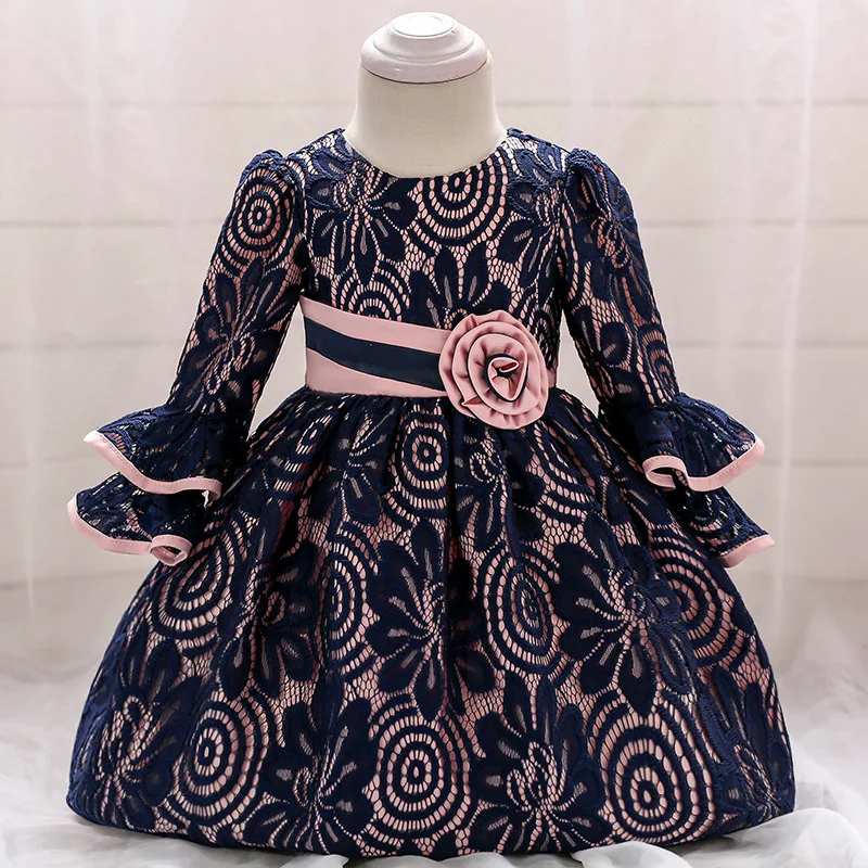 

Flare Long Sleeve Knee-length Fall Dress for Infants Ball Gown Pink & Navy Blue Lace Baby Dresses Girl 1st 2nd Birthday Outfits