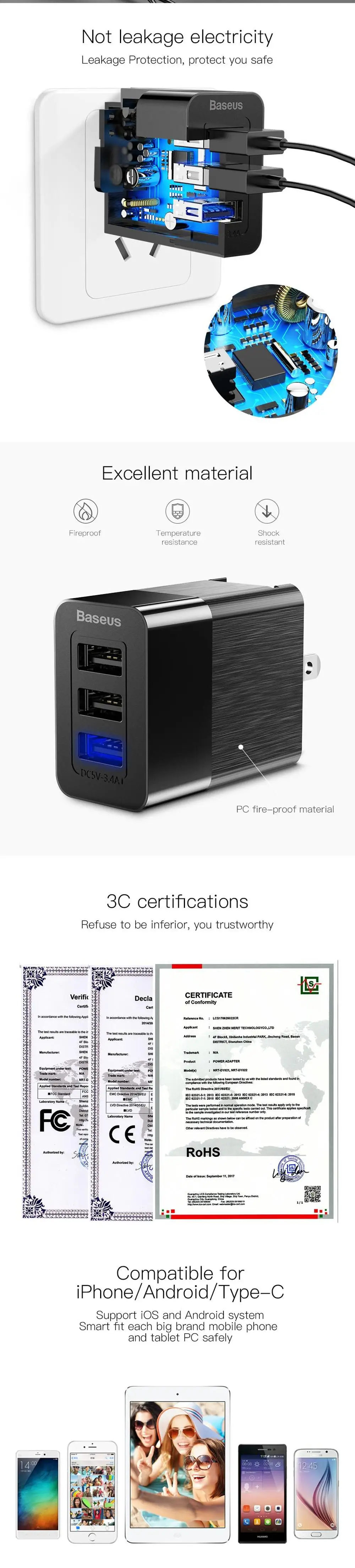 Baseus 3 порта USB зарядное устройство 3 в 1 Тройная вилка EU US UK 2.4A дорожное настенное зарядное устройство адаптер зарядное устройство для мобильного телефона для iPhone X samsung