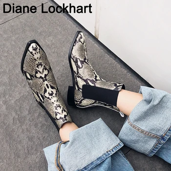 

Newest Snake skin print cow leather Short Boots pointy toe runway style Ankle Boots women low heel knight boot femme botas mujer