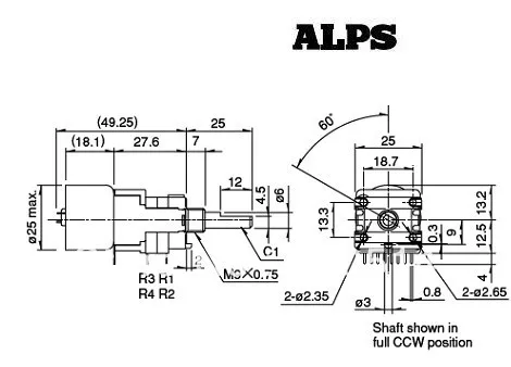 Потенциометр громкости двигателя Japan ALPS 2X100 K