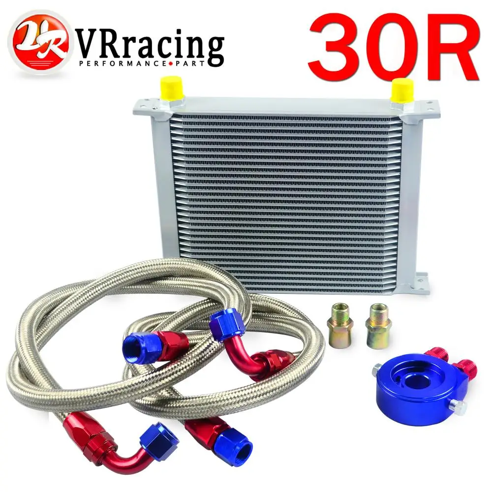 

VR RACING - AN10 OIL COOLER KIT 30ROWS TRANSMISSION OIL COOLER SILVER+OIL FILTER ADAPTER BLUE + STAINLESS STEEL BRAIDED HOSE