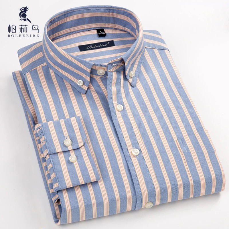 Men's Striped 100 Cotton Oxford Long Sleeve Button Down Dress Shirt