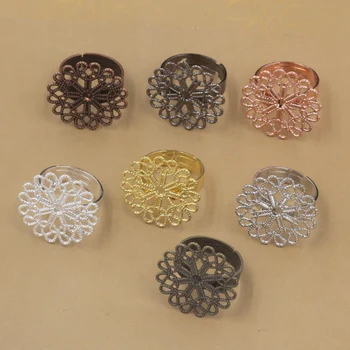 

23mm Filigree Circle Flower Ring Settings Cabochons Bases Brass Metal Adjustable Rings DIY Findings Multi-color Plated
