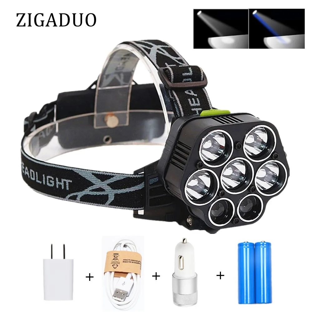 

USB Rechargeable XML-5*T6 7 LED Headlamp Headlight Head Lamp 40000 lumens LED Head Flashlight Torch White Blue 18650 Head Lights