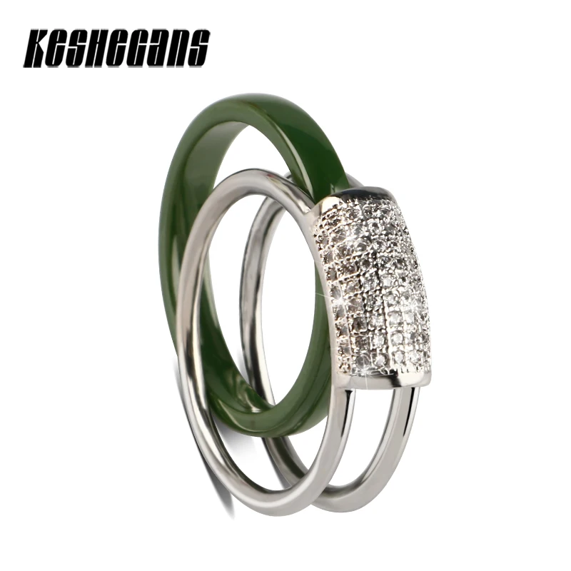 

2018 New Design 2pcs/set Shining Crystal Green Ceramic Ring And Stainless Steel Women Rings Best Gifts For Wedding Party Jewelry