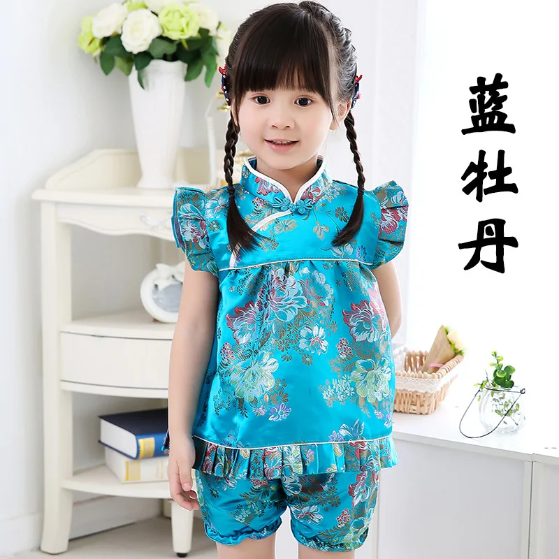 Summer 2021 New Qipao Baby Girls Clothing Set Baby Dress + Pants